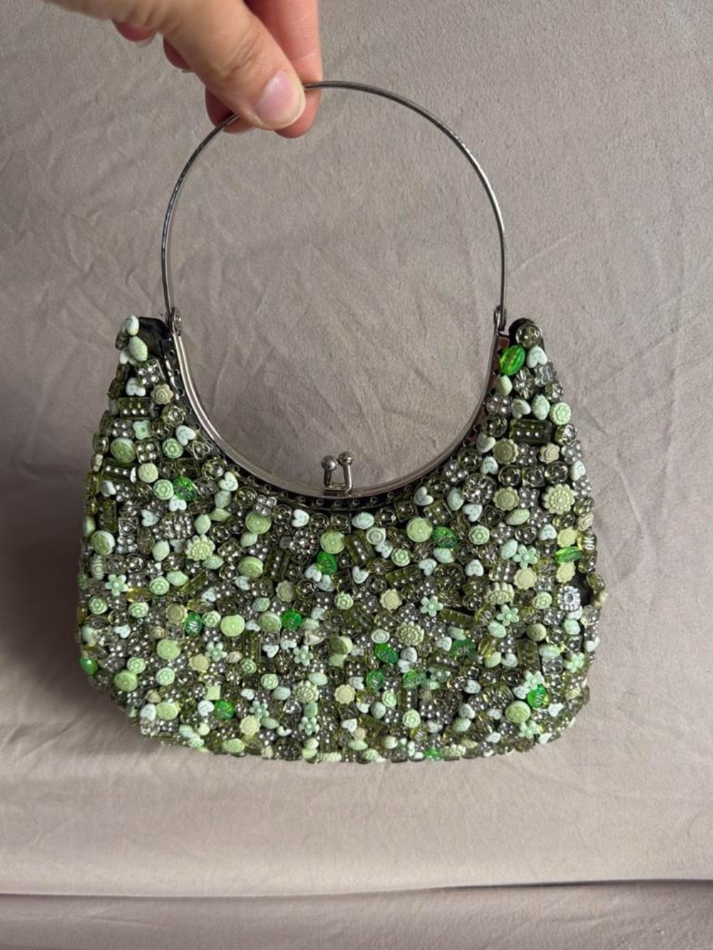 Green Beaded Mini Shoulder Bag with Top Handle